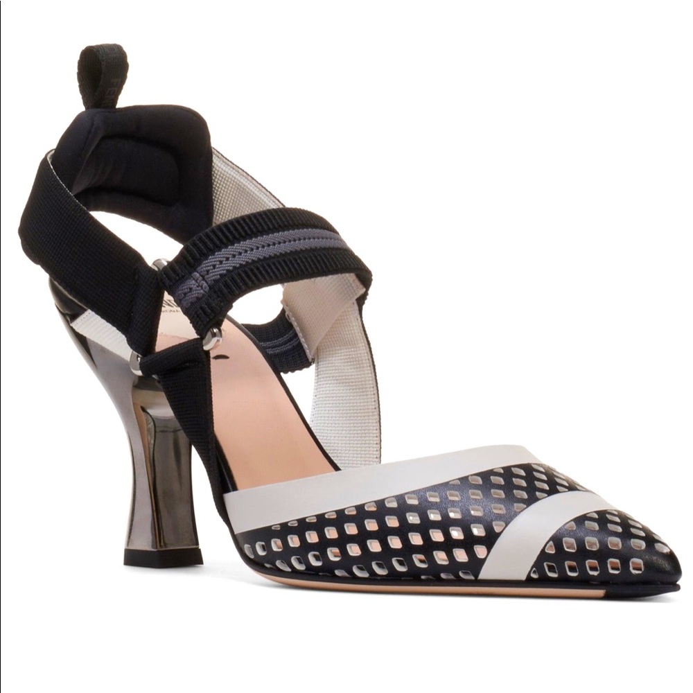 Fendi Colibri Laser Cut Pointed Toe Leather Pumps (Black & White)